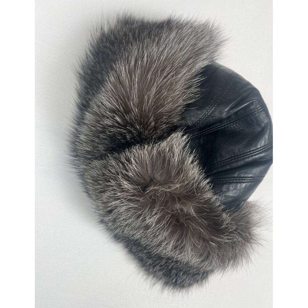 FRR Men Silver Fox Fur Black Leather Trapper Hat Winter Ear Flaps - Picture 6 of 8